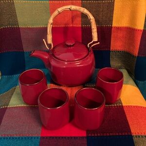 SOUTHERN LIVING @ HOME Red Ceramic Teapot Set with Bamboo Handle